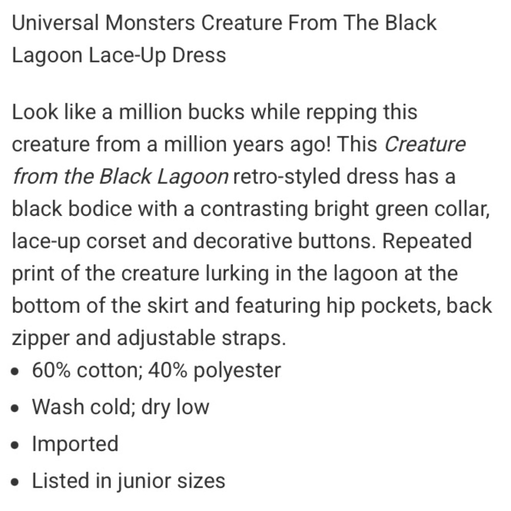 UNIVERSAL MONSTERS Creature from the Black Lagoon LACE-UP DRESS! - Picture 4 of 4